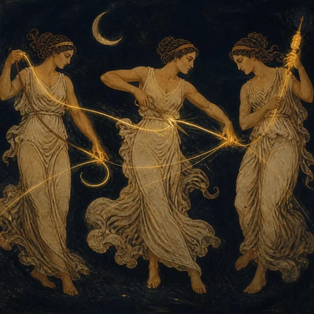 Las tres Moiras de la mitología griega hilando, midiendo y cortando un hilo dorado, símbolo arquetípico del destino